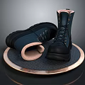 Black And Blue Lace Up Boots With Light Lining On Round Metal Edge Tray
