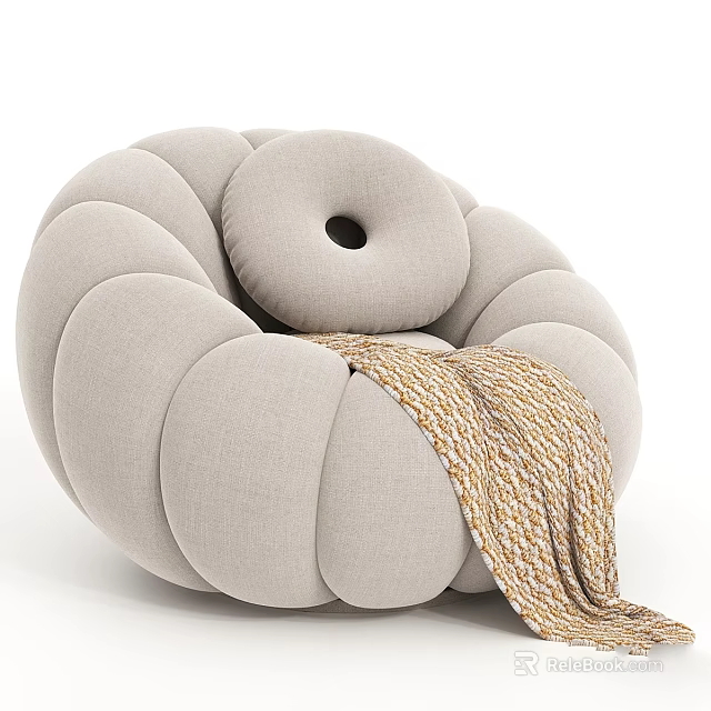 Pumpkin Shaped Light Gray Fabric Leisure Chair With Round Cushions And Soft Knitted Blanket 3d model 