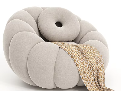 Pumpkin Shaped Light Gray Fabric Leisure Chair With Round Cushions And Soft Knitted Blanket 3d model