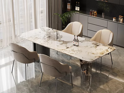 Modern Dining Table Set With Beige Chairs Marble Tabletop And Metal Legs In Bright Room 3d model