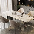 Modern Dining Table Set With Beige Chairs Marble Tabletop And Metal Legs In Bright Room