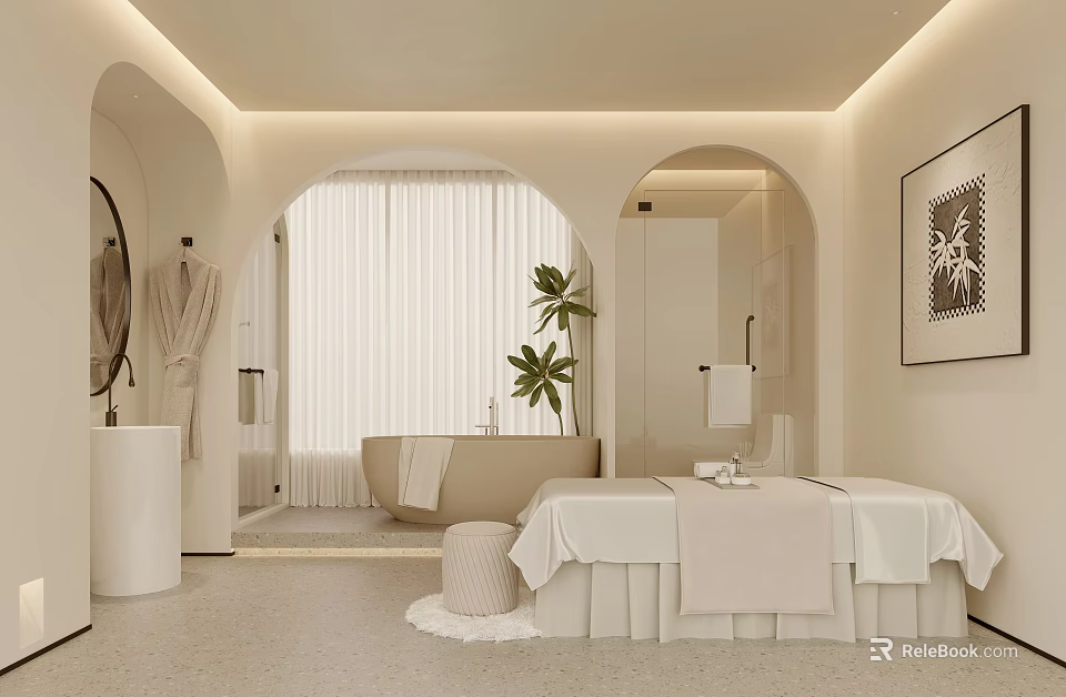 Serene SPA Sauna Room With Treatment Bed Bathtub And Plants 3d model 