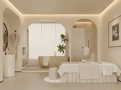 Serene SPA Sauna Room With Treatment Bed Bathtub And Plants 3d model
