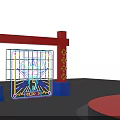 Eye Catching Stage Design With Red And Black Radial Stripes Backdrop And Decorative Props