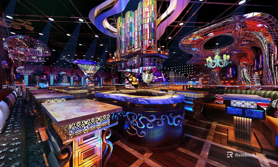 Gorgeous Bar Interior Design With Colorful Lighting Decorative Counter And Intricate Ceiling 3d model 