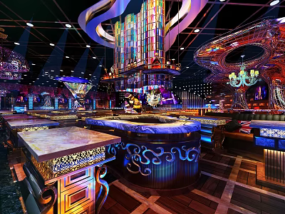Gorgeous Bar Interior Design With Colorful Lighting Decorative Counter And Intricate Ceiling 3d model