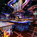 Gorgeous Bar Interior Design With Colorful Lighting Decorative Counter And Intricate Ceiling