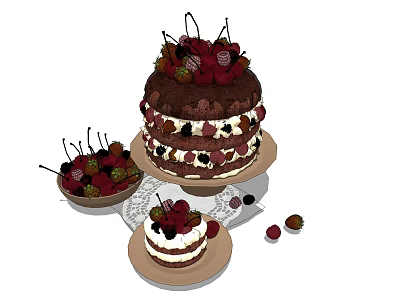 Layered Chocolate Cake With Fresh Fruits And Small Cake With Berry Bowl 3d model