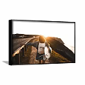 Framed Portrait Painting of Girl with Outstretched Arm Carrying Surfboard at Sunset by Cliff Road