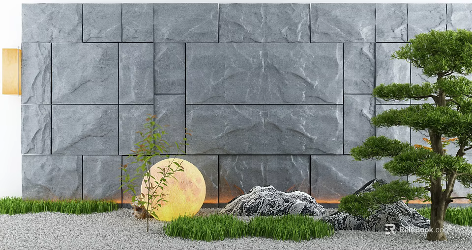 Gray Stone Feature Wall With Round Yellow Light Small Plants And Grass 3d model