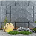 Gray Stone Feature Wall With Round Yellow Light Small Plants And Grass 3d model