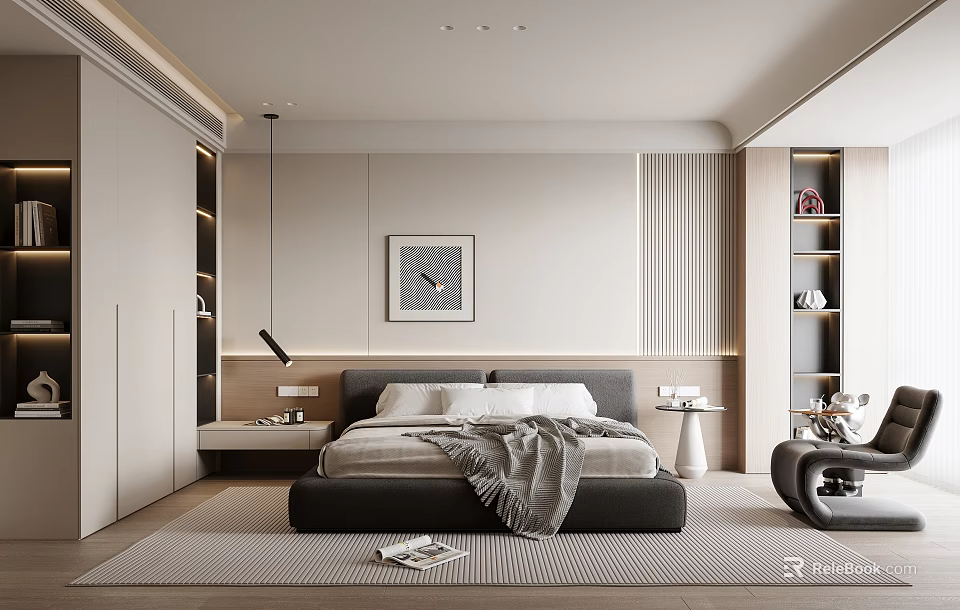 Modern Bedroom Interior With Black Bed Gray Blanket Vertical Stripe Wall Hanging Painting And Carpet 3d model 