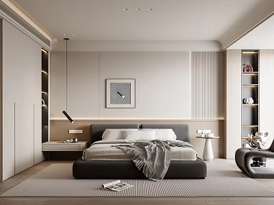 Modern Bedroom Interior With Black Bed Gray Blanket Vertical Stripe Wall Hanging Painting And Carpet 3d model
