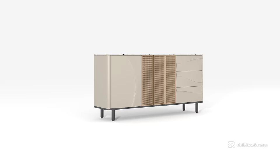 Modern Beige And Wood Sideboard With Cabinet Doors Drawers And Black Slim Legs 3d model 