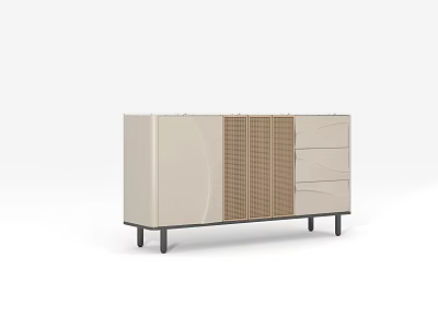 Modern Beige And Wood Sideboard With Cabinet Doors Drawers And Black Slim Legs 3d model