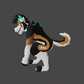 3D Animal Character With Black White Brown Fur Green Ears Yellow Eyes Open Mouth Squatting