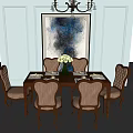 Classic Dining Table Set With Six Carved Chairs Vase White Flowers And Abstract Painting