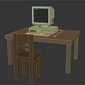 Brown Wooden Desk And Chair Furniture Set With Vintage Computer On Table For Home Office