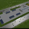 Aerial View Plan of Shipping Logistics Park with Solar Panel Buildings Trees Roads and Vehicles