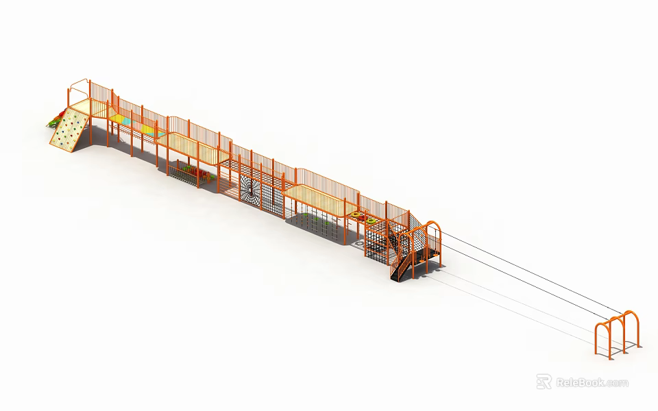 Outdoor Children Playground Equipment With Orange Safety Fence Slide Rope Net And Climbing Structure 3d model 