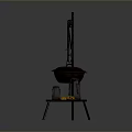 Outdoor Cooking Equipment with Metal Stand Hooks Hanging Iron Pot Small Table Metal Container Fruits