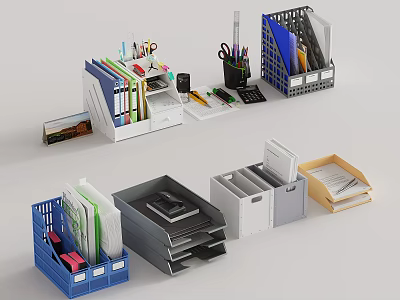 Multicolored Folder Organizers And Office Storage Boxes With Desk Stationery 3d model