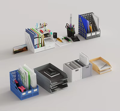 Multicolored Folder Organizers And Office Storage Boxes With Desk Stationery 3d model