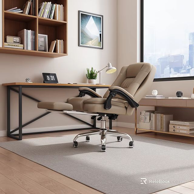 Modern Home Office Desk Setup With Ergonomic Chair Lamp Plant And City View 3d model 