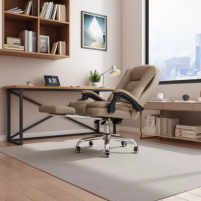 Modern Home Office Desk Setup With Ergonomic Chair Lamp Plant And City View 3d model