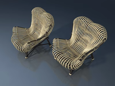 Butterfly Shaped Wicker Chairs With Handwoven Design And Black Metal Legs 3d model