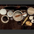 Natural Wooden Household Items With Plates Bowls Barrel Cups Rolling Pin And Bread Slices