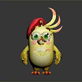 Cute Cartoon Bird Character With Yellow Body Red Hat Green Eyes And Orange Feather Decorations