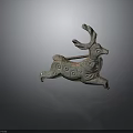 Ancient Bronze Deer Sculpture in Running Posture With Intricate Patterns and Green Patina