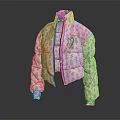 Pink Cropped Puffer Jacket with Colorful Mushroom and Leaf Patterns and Heart Decoration
