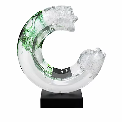 Modern Artistic Decorative Ornament Set With C Shaped Transparent Design Green Pattern And Black Base 3d model