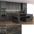 Modern Kitchen With Dark Gray Cabinets Island Tile Backsplash And Stainless Steel Appliances Wooden Flooring