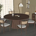 Modern Walnut Dining Table Set with Matching Chairs Potted Plant Table Lamp Artwork and Cabinet
