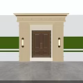 Classic Entrance Gate Featuring Wooden Door Stone Frame And Wall Lamps