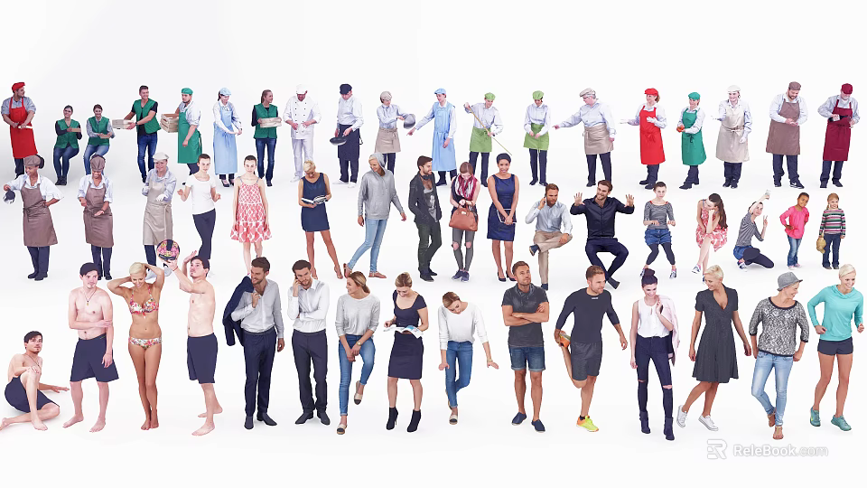 Diverse Group of People in Various Professions Different Outfits and Poses on White Background 3d model 