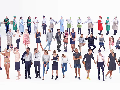Diverse Group of People in Various Professions Different Outfits and Poses on White Background 3d model