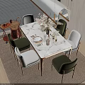 Modern Dining Table Set With Marble Top Green White Dining Chairs And Flower Arrangement