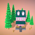 Pink House With Blue Roof And Wooden Porch Surrounded By Green Pine Trees