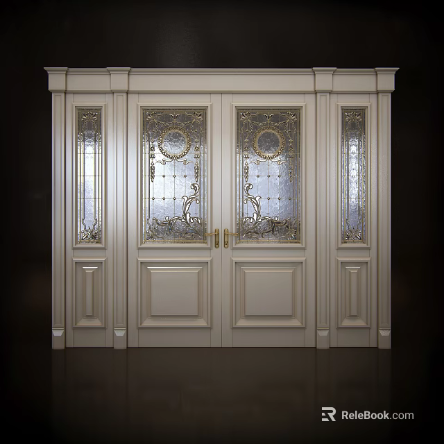 Elegant Classic Double Doors With Glass Panels Intricate Patterns And Gold Accents 3d model 