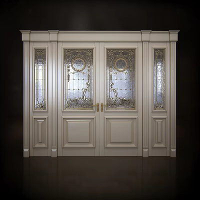 Elegant Classic Double Doors With Glass Panels Intricate Patterns And Gold Accents 3d model