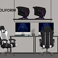 Modern POLIFORM Gaming Workspace With Hanging Headphones Purple Lighting Dual Monitors And Gaming Chairs