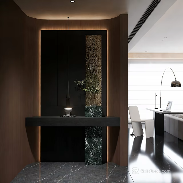 Modern Entryway Interior With Recessed Lighting Wooden Walls Marble Countertop And Decorative Plant 3d model 