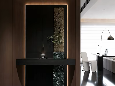 Modern Entryway Interior With Recessed Lighting Wooden Walls Marble Countertop And Decorative Plant 3d model