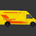 Yellow Ambulance Vehicle With Red Stripes And Blue Emergency Lights