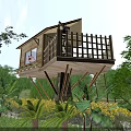 Wooden Treehouse with Wooden Balcony Fence Amidst Green Trees and Lush Plants Under Blue Sky
