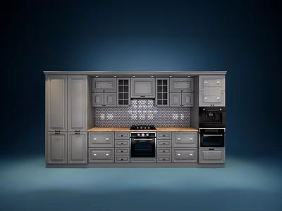 Modern Gray Kitchen Cabinets With Sleek Drawers Doors Cooktop And Oven 3d model